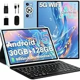 DEERTiME Android 15 Tablet 10 Zoll mit Gemini AI, 30GB RAM + 128GB ROM(TF 2TB), Octa-Core, 8000mAh, 5G/2.4G WLAN, Widevine L1 FHD, 8MP+5MP | Face ID | GPS | BT5.0 | GMS Tablets mit Tastatur - Blau