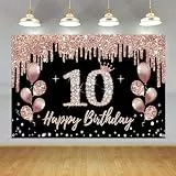 10. Geburtstag Dekorationen für Mädchen, Happy 10 Years Old Hintergrund Banner Rosegold Stoff Schild Poster, 10. Geburtstag Party Supplies Foto Hintergrund Willkommensschild, 150 cm x 90 cm