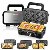 1200W Sandwichmaker 3 IN 1, 5-Gang-Temperaturregelung Waffeleisen Sandwichtoaster Kontaktgrill mit Antihaftbeschichtung für einfache Reinigung ohne Anbrennen, LED-Leuchten, Edelstahl/Schwarz