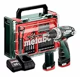 metabo Akku-Bohrschrauber PowerMaxx BS Basic Set - 12 V, 34 Nm Drehmoment, 2 Gänge - Schnellspannbohrfutter, LED-Licht, Gürtelhaken, kompakt - Inkl. 2 Akkus, Ladegerät, Zubehör-Set, Kunststoffkoffer