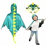 DKINY Dinosaurier Kostüm Kinder Halloween Dinokostüm mit Drachenflügel Umhang und Maske Dino Cosplay Kinderkostüm Zubehör für Junge Mädchen Halloween Karneval Fasching-Blau Grün