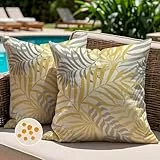 Jayusaror Outdoor Kissenbezug 40x40 cm Gelb Grau Kissenhülle Wetterfest Sofakissen Gartenkissen Sommer Tropische Blätter Deko Kissen Kissenbezüge für Sofa Garten Deko 2er Set