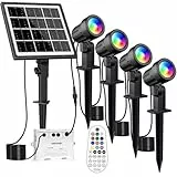 MEIKEE Solar Strahler RGB+Weiß Gartenbeleuchtung Solar 10 Farben 30 Zyklusmodi 2 Helligkeit Timer Solarleuchte Dusk to Dawn IP66 Wasserdicht Gartenleuchten für Außen Garten Baum Teich Rasen 4 Stück