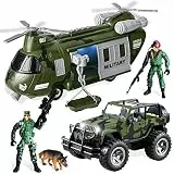 JOYIN Militärfahrzeuge Spielzeug Set aus reibungsbetriebenem Transporthubschrauber und Militär-LKW with Light and Sound Siren and Army Men Soldier Action Figures for Kids