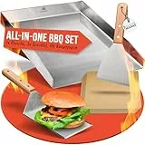 HEIMZONE® Plancha Grillplatte 40x30cm [NEUE VARIANTE 2026] - Edelstahl-Platte mit auslaufsicheren Ecken & Grillzubehör [2x Grill-Spachtel & 40x Burger-Papier] - für jeden Grill geeignet