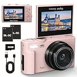4K Digitalkamera 64MP Kompaktkamera Fotokamera mit Flip Screen Autofokus Vlogging Fotoapparat für einsteiger, 16X Digitalzoom, mit 32GB Karte, 2 Batterien,pink