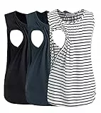Smallshow 3er Pack Umstands-Still-Tanktops Ärmellos Stillen Tops Damen Stilloberteile,Black-Dark Grey-White Stripe,XL