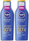 NIVEA SUN Schutz & Pflege Sonnenlotion LSF 50+, wasserfester Sonnenschutz mit Vitamin C & Hyaluron, schnell einziehende Sonnencreme für 48h Feuchtigkeit ohne weiße Rückstände (200 ml) (Packung mit 2)