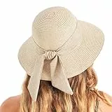 Gajaous Strand Sonnenhüte für Frauen mit UPF 50+, breiter Strohhut für Frauen mit Schleifendekoration, Leichter Faltbarer Sommerreise Strohhut