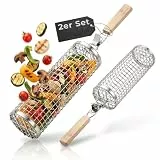 𝗛𝗔𝗩𝗘𝗡𝗛𝗔𝗨𝗦 Grillkorb Edelstahl Set I 2x Grillkörbe mit abnehmbarem Holzgriff zum Grillen von Gemüse & Fisch I Grillkorb Gemüse I praktisches Grillzubehör, Grill Korb rund I Grill Gemüsekorb