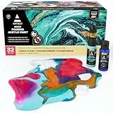 ARTEZA Pouring Acrylfarbe, 32 Stück-Set, 60 ml Flaschen mit vielen Farbtönen, flüssige Gießfarbe, kein Mischen erforderlich, Farbe zum Gießen auf Leinwand, Glas, Papier, Holz, Fliesen und Steine