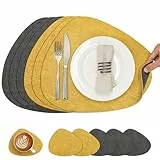 Chitomars Tischsets Kunstleder und Untersetzer, Tischsets Abwaschbar Doppelseitigen rutschfest Platzsets Rund Lederoptik Platzdeckchen Teller Untersetzer (6er Set, Grau Gelb)
