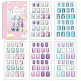Laza 120pcs Children Nails Press On Pre-glue Full Cover Nail Tips Kit Glitter Gradient Color Rainbow Short Artificial False Nail Kits Lovely for Children Kids Girls - Silver Pearl