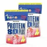 WEIDER Protein 80 Plus Eiweißpulver, 2 Pack, Erdbeer, Low-Carb, Mehrkomponenten Casein Whey Mix für Proteinshakes, 2x500g