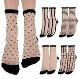 Lusofie 5 Paar Rüschen Socken Damen Kurze Gepunktet Gestreift Kariert Durchsichtige Schwarze Trachtensocken Knöchel Durchsichtiges Netz Sommersocken für Damen Dünn Modisch Socken