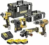 Dewalt 18 Volt Kombo-Pack DCK422P3 (mit 1x Schlagschrauber DCD796, 1x Schlagschrauber DCF887, 1x SDS+ Kombihammer DCH273, 1x Winkelschleifer DCG405, 3x 18 V 5 Ah Li-Ion Akkus, Ladegerät, 2x Boxen)