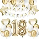 18 Geburtstagsdeko Gold, Folienballon 18 Happy Birthday Banner Hellgold Stern Herz Luftballons Sandweiß Gold Geburtstag Deko Konfetti Balloons fü Jahre Männer Frauen