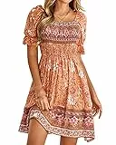 BebreezChic Sommerkleid Damen Kurz Boho Blumen Kurzarm Eckiger Hals Hohe Taille Gerafftes Strandkleid Minikleid, Orange S