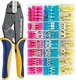 haisstronica Crimpzange für Schrumpfverbinder HS-8327 mit 280 Stück Schrumpfdrahtverbindern in Marinequalität, verzinntem Rotkupfer AWG 22-10, elektrische Ringgabel-Spatenspleiße