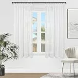 Topfinel Voile Vorhänge mit Kräuselband in Leinen-Optik Transparent für Wohnzimmer Schlafzimmer Fenster Einfarbige Gardinen kurz Weiss 2er Set je140x160cm (BxH)