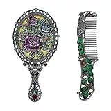 minkissy Vintage Kammspiegel-Set - Handspiegel mit Kamm - Faltbar - Schminkspiegel - Antik-Design - Silber - 13,5 x 7 cm