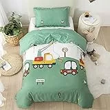 Sacebeleu Kinder Bettwäsche 135x200cm Jungen Auto Baumwolle Grün Bagger Motive Kinderbettwäsche Bettbezug und Kissenbezug 80x80cm mit Reißverschluss