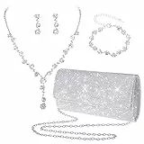 Yolev Brautschmuck Set Silber Clutch Geldbörse Bling Bling Abendessen Tasche Strass Schmuckset Choker Halskette Ohrringe Glitzer Armband Abschlussball Schmuck Set Damen Hochzeitsschmuck Braut