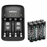 ABSINA Akku Ladegerät AA AAA & 9V Block inkl. 8X AAA 1150 Akkus - NiMH Ladegerät Akku Batterien 4-Fach für aufladbare Batterien - Batterien wiederaufladbar mit Ladegerät - Batterie Ladegerät Set