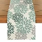 Artoid Mode Blumen Wasser Grün Dahlien Frühling Tischläufer, Saisonnal Sommer Küche Tisch Dekoration Drinnen Urlaub Party Dekor 40x140 cm