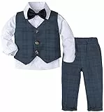 mintgreen Baby Anzug Junge, 3 Stück Gestreift Outfit Hochzeit Gentleman Kleiderset Lange Ärmel Hemd + Weste + Hosen + Krawatte, Marine, 12-18 Monate, 80