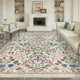PureCozy Teppich Wohnzimmer 200x300cm Waschbarer Blumenmuster kurzflor rutschfest Weich Boho Vintage Teppiche Groß für Schlafzimmer Esszimmer Bedroom Living Room, Beige