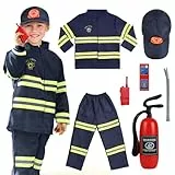 AYBUY Feuerwehr Kostüm Set für Kinder, Feuerwehrmann Kostüm Kinder, Feuerwehr Rollenspiel mit Spielzeug-Feuerlöscher, Waschbares Feuerwehrmann Set für Karneval, Fasching, Mottoparty (120CM)