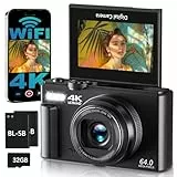 Digitalkamera 4K mit WLAN 64MP Kamera Fotokamera 3' 180° Flip Screen Fotoapparat Digital Kamera Kompaktkamera für Anfänger, 18X Digitalzoom, Autofokus, mit 32GB Karte, 2 Batterien