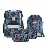 Step by Step Basis Schulranzen-Set „Blue Lines“, 4-teilig, blau, ergonomischer Tornister mit Reflektoren, Hüft- und Brustgurt, für Kinder ab der 1. Klasse, 20 Liter