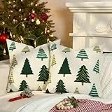 Lewondr Weihnachten Kissenbezüge, 45x45CM Satz von 2 Quadratische Weihnachten dekorative Kissenbezug mit Weihnachtsbaum-Stickerei ür Urlaub Sofa Couch Schlafzimmer Wohnzimmer Auto, Beige