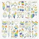 Qpout 67pcs Glitter Regenbogen temporäre Tattoos, Schmetterling Herz Blume Regenbogen Flagge Körperkunst Aufkleber, 10 glänzende Gesicht Tattoos für Mädchen Jungen Geburtstag Party Pride