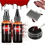 Aomig Kunstblut, 2x Vampirplasma und 1x Plasmacreme inkl Schwamm, Realistische Fake Blood, Kunstblut für Haut, Blutgel, Wunden, Spezialeffekt Schminke für Halloween, Vampirblut Mottoparty, Karneval