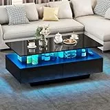 YITAHOME Couchtisch Schwarz, Wohnzimmertisch Hochglanz mit 16-Farbiger LED Beleuchtung Modern, Beistelltisch Schwarz mit Offenem Ausstellungsregal und 4 Ausziehbaren Schubladen 90x55x41,1 cm