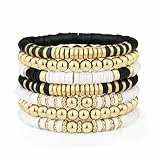 Sahoottie 7 Stück Stapelbares Freundschaftsarmbänder Set für Damen Bohemian Stil Surferarmband Damen Polymer Clay Perlen Armbänder Stretch Sommer Strand Schmuck Set (Schwarze Weiße)