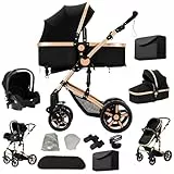 Veitoalioy Kinderwagen 3 in 1, Bequemer Multifunktionaler Kombikinderwagen 3 in 1 Komplettset, Aluminium Hohe Landschaft Babywagen, Faltbarer Kinderwagen Set (588 Black Gold)
