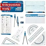 DynaTech Zirkel Set Geometrieset 14-Teilig - Starterset für die Grundschule - mit Zirkel, Geodreieck, Parabel, Bleistift, Lineal, Spitzer und Stundenplan in robuster Metallbox
