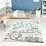 Kinderteppich - Straßen-Stadt-Motiv Creme Multi - Kinderzimmer Teppich Modern (120 cm x 160 cm)