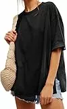Tankaneo Damen T-Shirt Oversize Kurzarm Rundhals Oberteile Sommer Locker Einfarbig Bluse Lang Casual Basic Shirt Tops mit Seitenschlitzen Schwarz XL