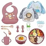 Baby Kinderteller Sets, Silikon Baby Geschirrset Kindergeschirr mit Saugnapf, 10 Stücke Rutschfest Silikon Geschirr Sets Rutschfest Babyteller Schüssel Lätzchen Löffel Gabel Kindergeschirr