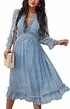 ZIYYOOHY Damen Lange Kleid Chiffon Rüschen mit Tief V-Ausschnitt Blumendruck Sommerkleid Cocktailkleid Partykleid Maxikleid Strandkleid Blusenkleid(3016-BL-S)