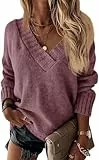 Wenrine Damen Pullover Winter Langarm V-Ausschnitt Strickpullover Sexy Lose Einfarbig(Violett,L)