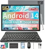YLEEBG 10 Zoll Android 14 Tablet mit Tastatur, 16 GB RAM, 256 GB (1TB erweiterbar), Octa-Core, 8000 mAh, Dual-Kamera, Dual-Band-WLAN, 2-in-1 inkl. Tastatur, Hülle, Maus & Stift (Grün)