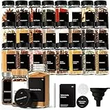 24er Set Gewürzgläser mit Streueinsatz - 120ml Eckig Gewürzdosen Glas mit Deckel Schwarz - Inkl. 342 Etiketten (Deutsch) & Trichter - Spice Jars Set für Gewürz Organizer, Schublade - Luftdicht