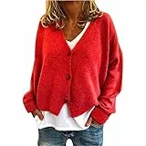 Generisch Pullover Damen Herbst Strickjacke Kurz Rot Cardigan Mit Knöpfen Elegant Mantel Strickjacken Lang Langarm Oversize Strickmantel Taschen Warme Winter