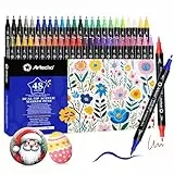 Artecho Acrylstifte 48 Farben, 0.5-5mm Wasserfester Dual Tip Marker (Pinsel und feine Spitze), mit doppelten Enden für Rock Painting, Glas, Papier, Holz, Ei, Leinwand, Keramik, Stoff, DIY Crafts